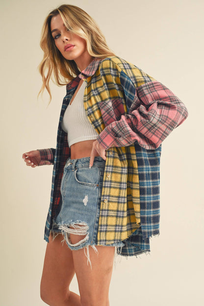 8316DN  Neela Multi Color Plaid Flannel Shirt 1: Blue/Pink/Yellow / Contemporary / M
