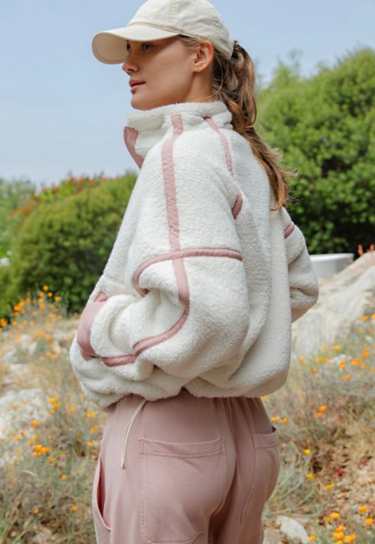 Sherpa Mock Neck Quarter Zip Jacket-Ivory/Dusty Pink