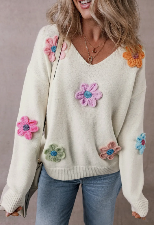 Crochet Flower V-Neck Sweater