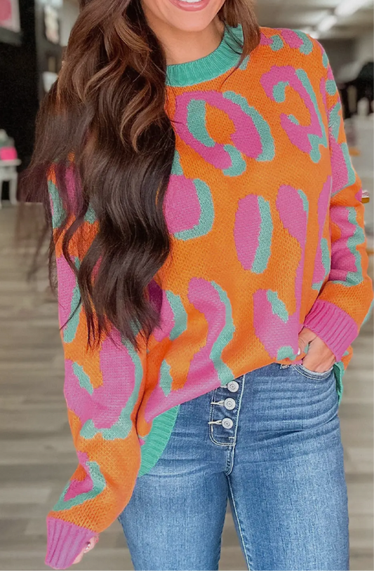 Orange Leopard Color Block Sweater