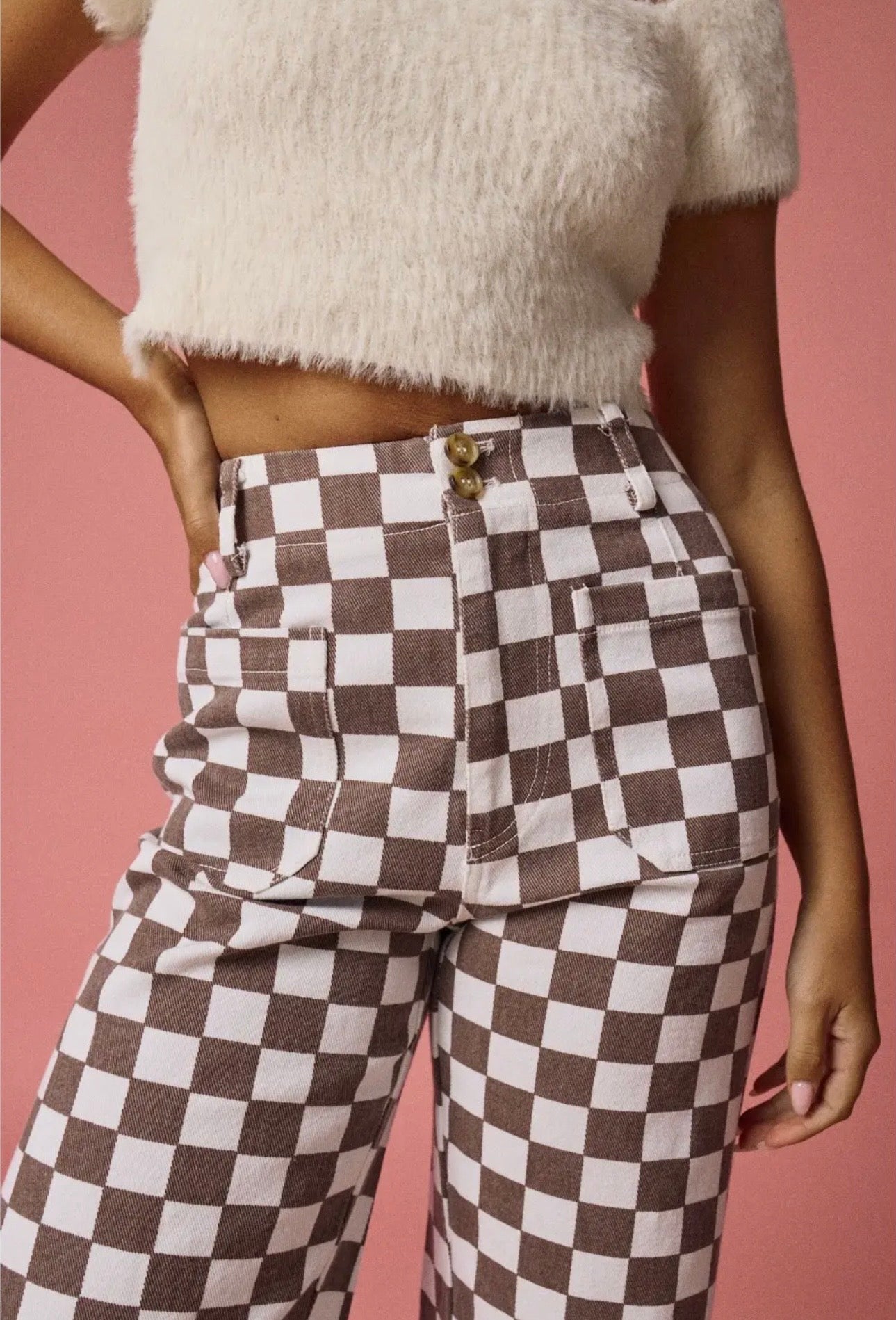 Checkerboard Wide  Leg Denim-Taupe