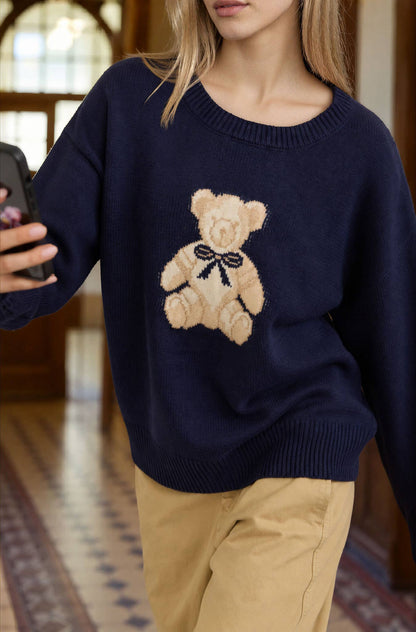 TEDDY JACQUARD CREW NECK KNIT PULLOVER SWEATER: CHARCOAL