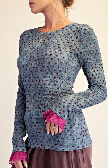 Teal Polka Dot Washed Mesh Top
