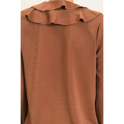 Ruffled V-Neck Button-Up Blouse: ALPACA / S-M-L(2-2-2)