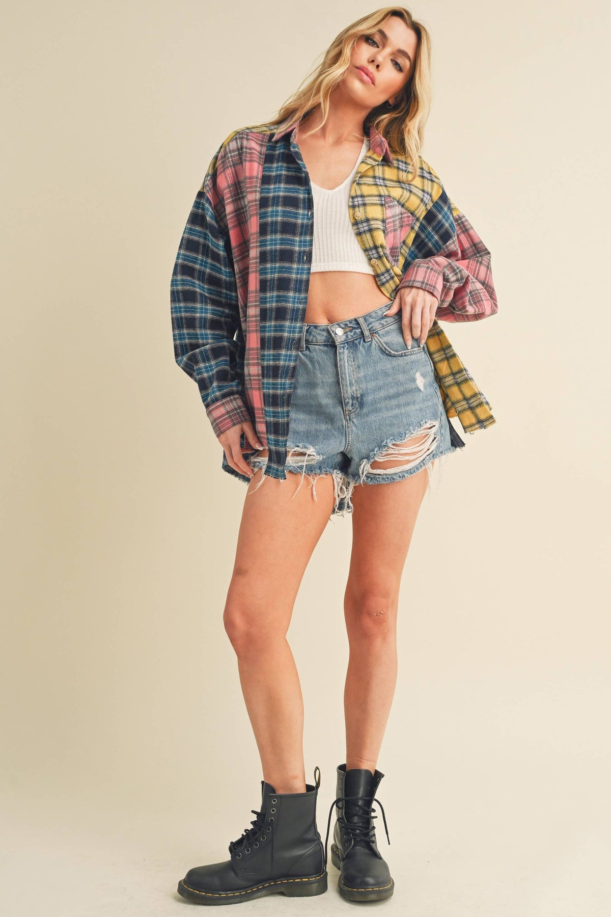 8316DN  Neela Multi Color Plaid Flannel Shirt 1: Blue/Pink/Yellow / Contemporary / L