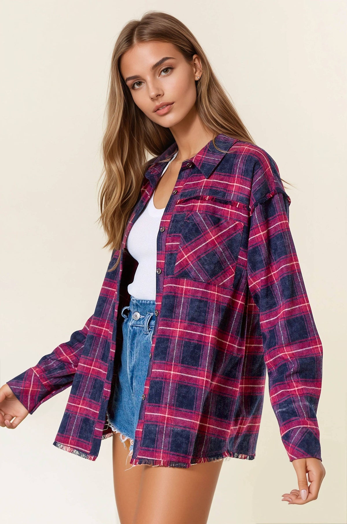 Plaid Flannel Shirt W/ Frayed Detail - 44703T: BLACK/BROWN / L