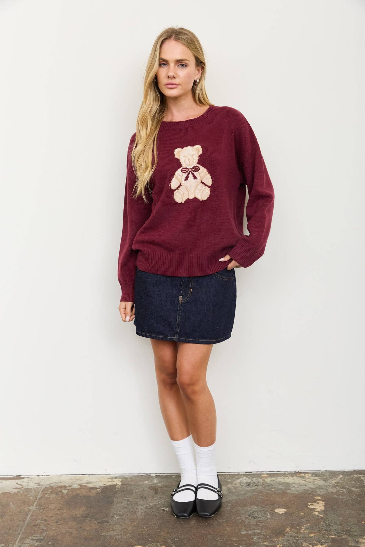 TEDDY JACQUARD CREW NECK KNIT PULLOVER SWEATER: CHARCOAL