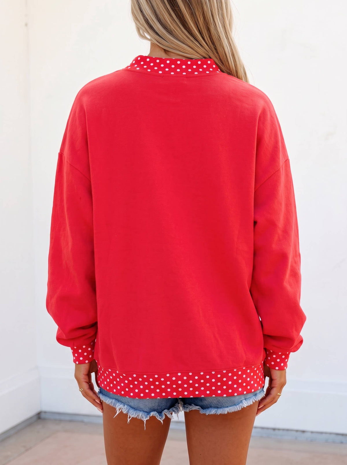 LDC Polka Dot Game Day Graphic Pullover Mock Neck Sweatshirt: Red / S