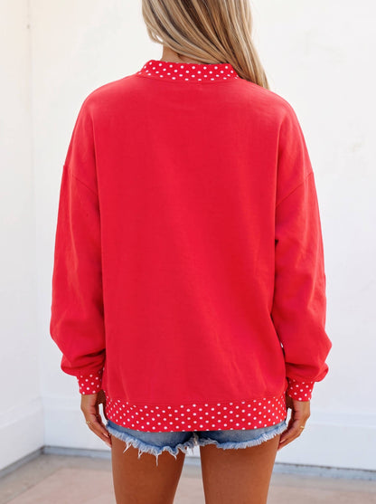 LDC Polka Dot Game Day Graphic Pullover Mock Neck Sweatshirt: Red / S