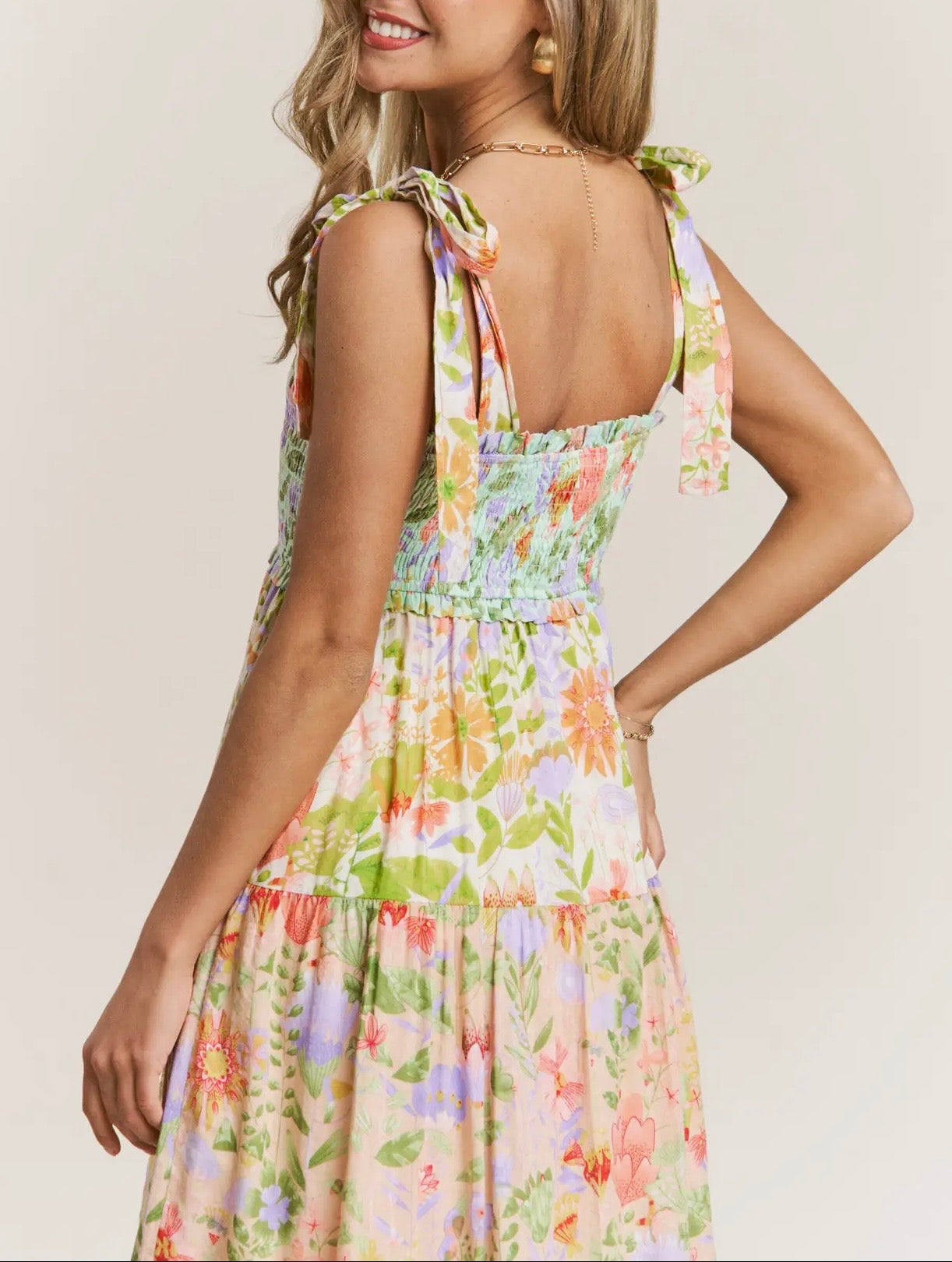 Multi Print Smocked V-Neck Maxi Dress