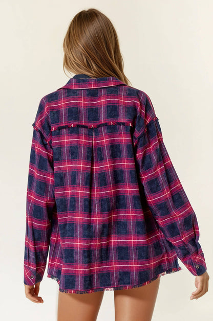 Plaid Flannel Shirt W/ Frayed Detail - 44703T: BLACK/BROWN / S