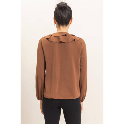 Ruffled V-Neck Button-Up Blouse: ALPACA / S-M-L(2-2-2)