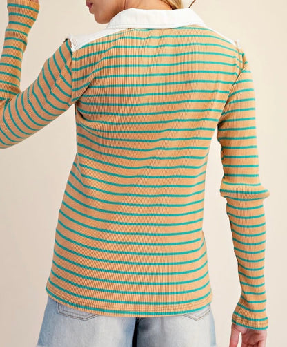 Washed Stripe Henley-Camel