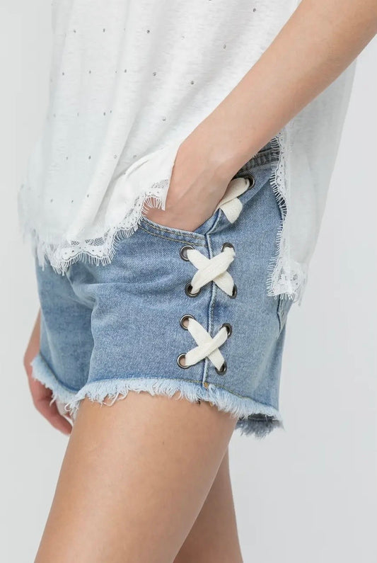 Side Lace Raw Hem Denim Shorts
