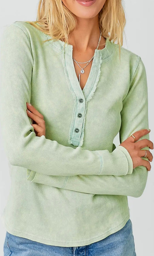 Pistachio Washed Thermal Raw Edge Henley Top