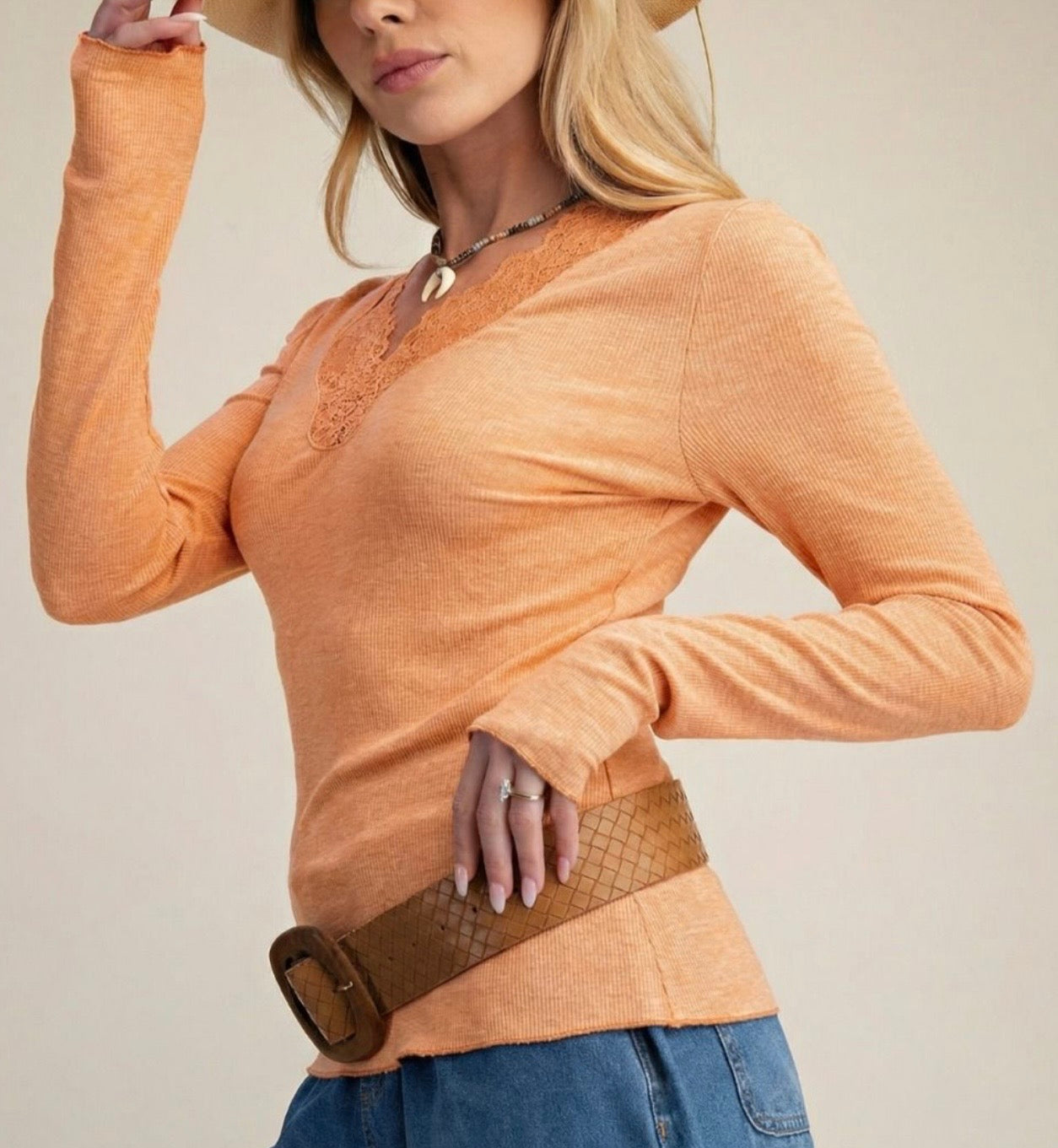 Ribbed Lace V-Neck Top-Persimmon