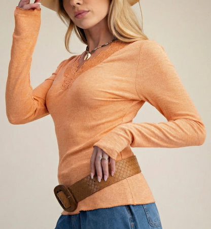 Ribbed Lace V-Neck Top-Persimmon