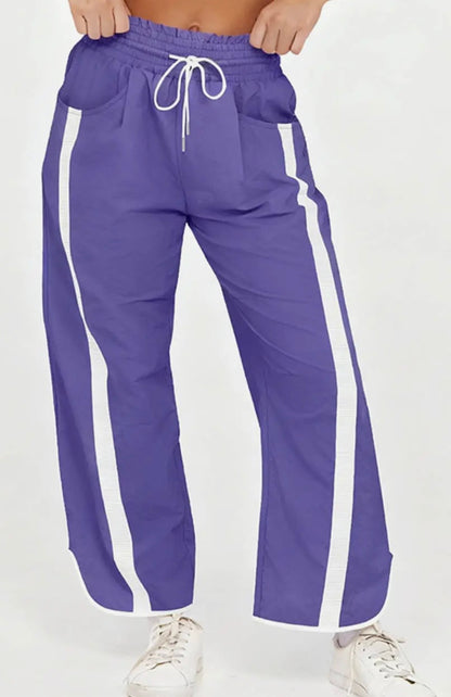 Purple/White Color Block Tie Waist Pants
