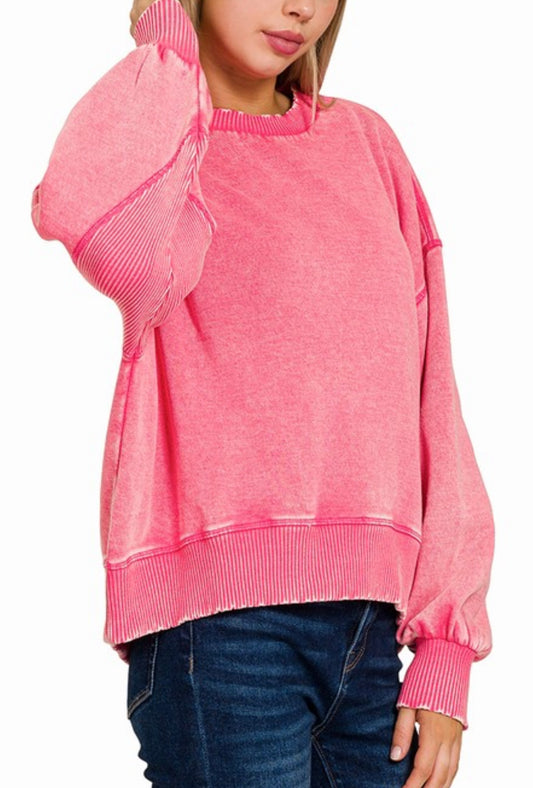 Fuchsia Acid Wash Fleece Pullover