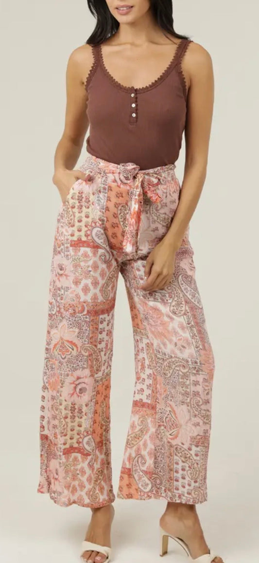Coral Blush Tie Waist Wide Leg Pants