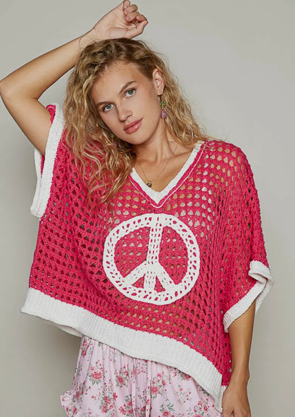 Fuchsia/ Ivory Oversize Peace Sign Sweater