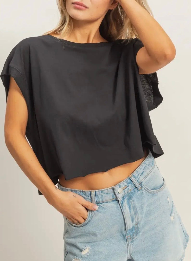 Open Back Boxy Crew Neck Top-Black