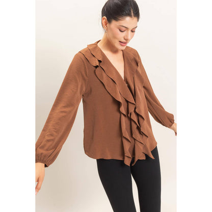 Ruffled V-Neck Button-Up Blouse: BLACK / S-M-L(2-2-2)