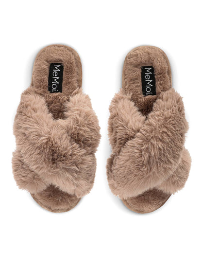 Beverly Faux Fur Open Toe Plush Slipper: Taupe / S 5-6
