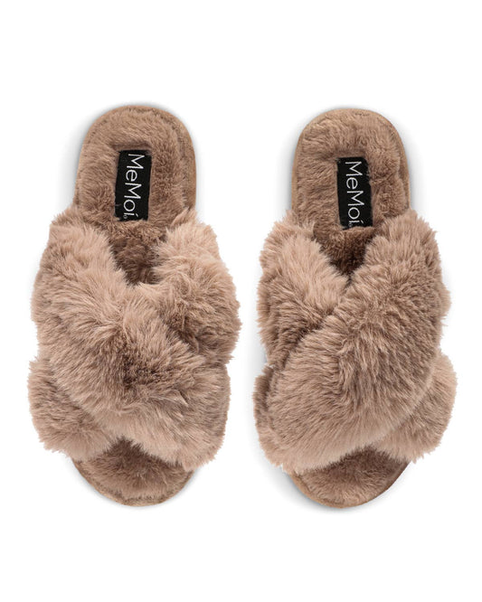 Beverly Faux Fur Open Toe Plush Slipper: Taupe / S 5-6
