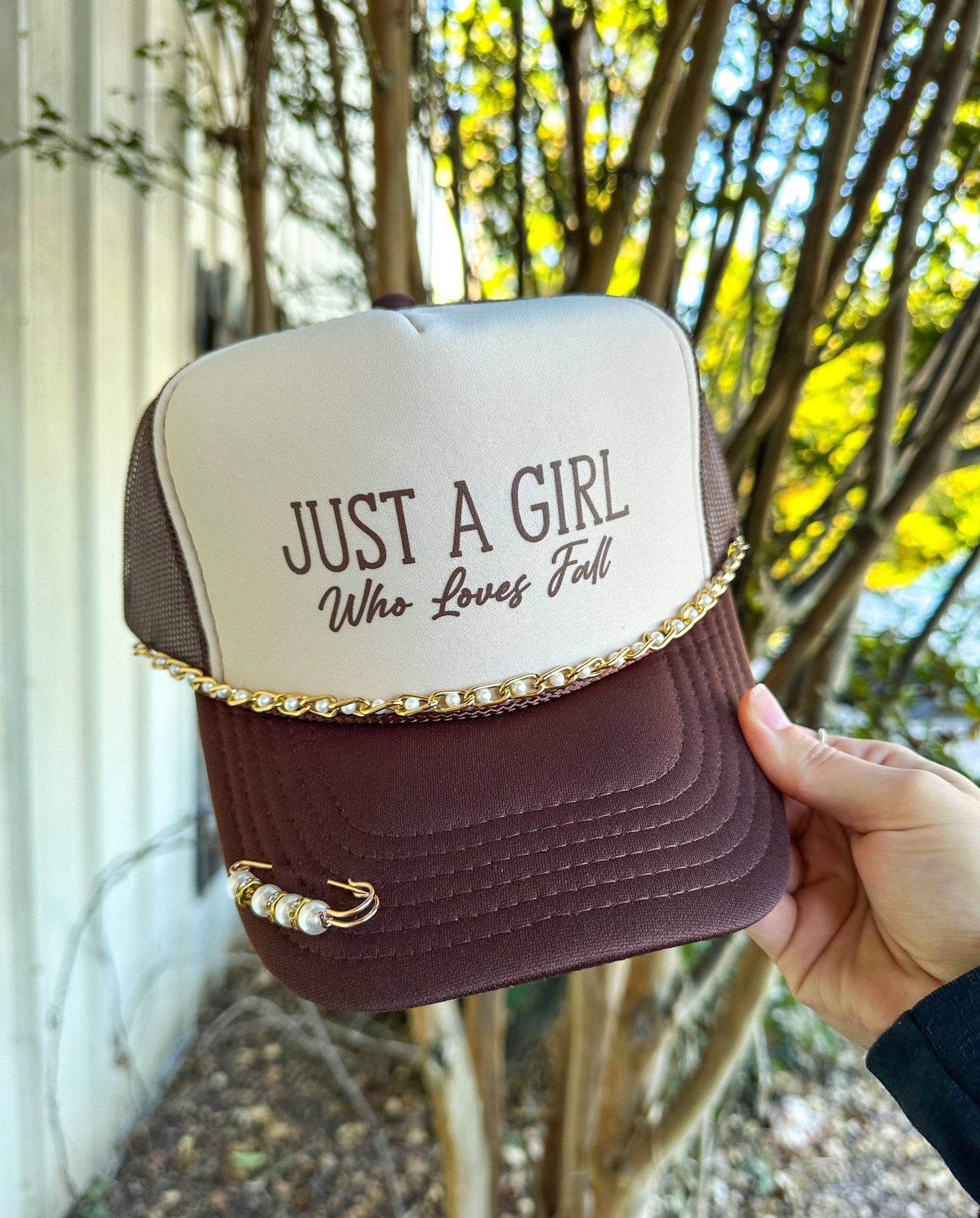 Just A Girl Who Loves Fall Tan/Brown Trucker Hat: WITH CHAIN