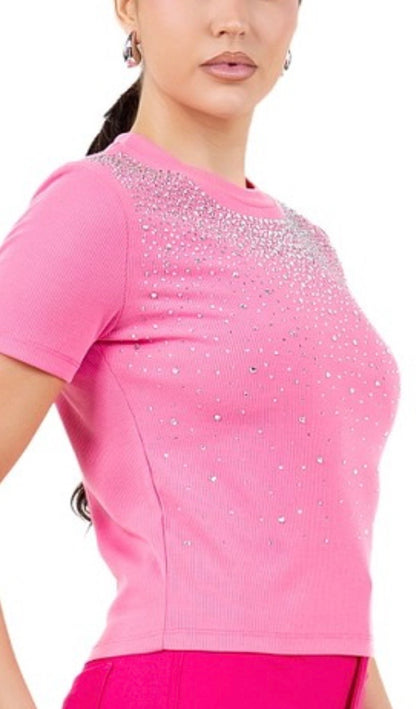 Ribbed Rhinestone Tee-Pink