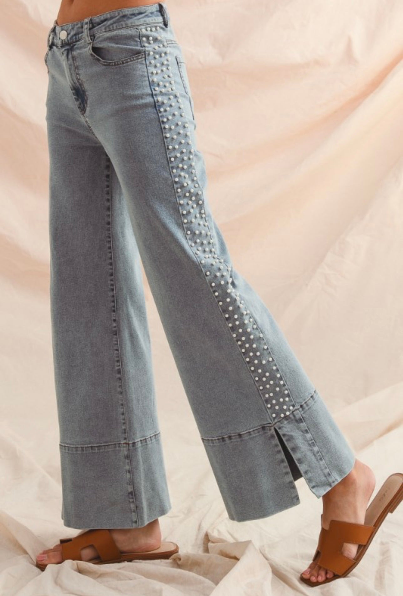 Mid Rise Pearl Embellished Slit Hem Jeans