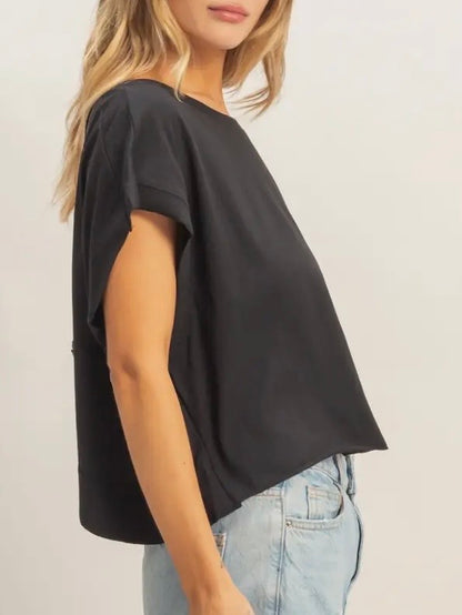 Open Back Boxy Crew Neck Top-Black