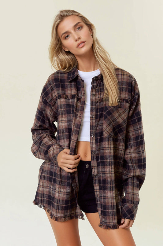 Plaid Flannel Shirt W/ Frayed Detail - 44703T: BLACK/BROWN / M