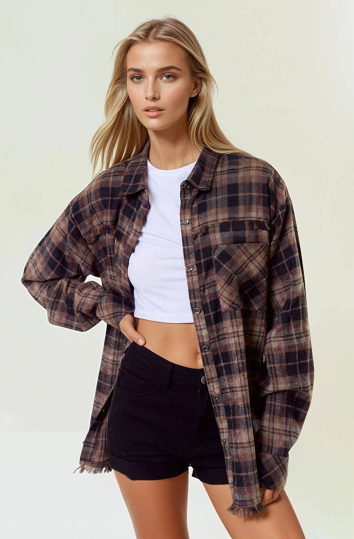 Plaid Flannel Shirt W/ Frayed Detail - 44703T: BLACK/BROWN / S