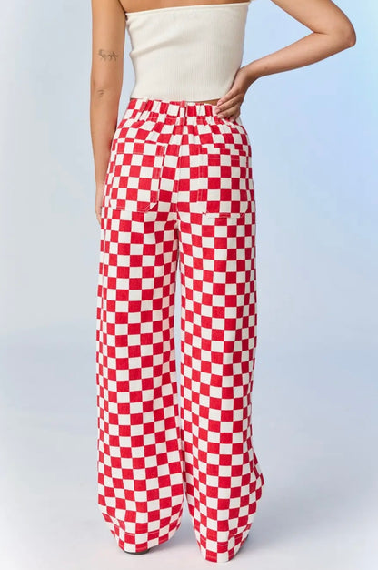 Checkerboard Wide  Leg Denim-Red