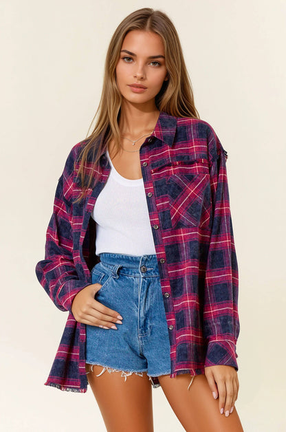 Plaid Flannel Shirt W/ Frayed Detail - 44703T: BLACK/BROWN / M