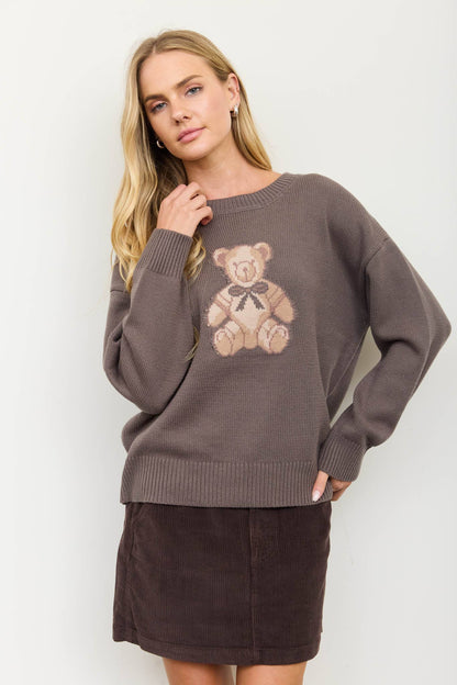 TEDDY JACQUARD CREW NECK KNIT PULLOVER SWEATER: CHARCOAL
