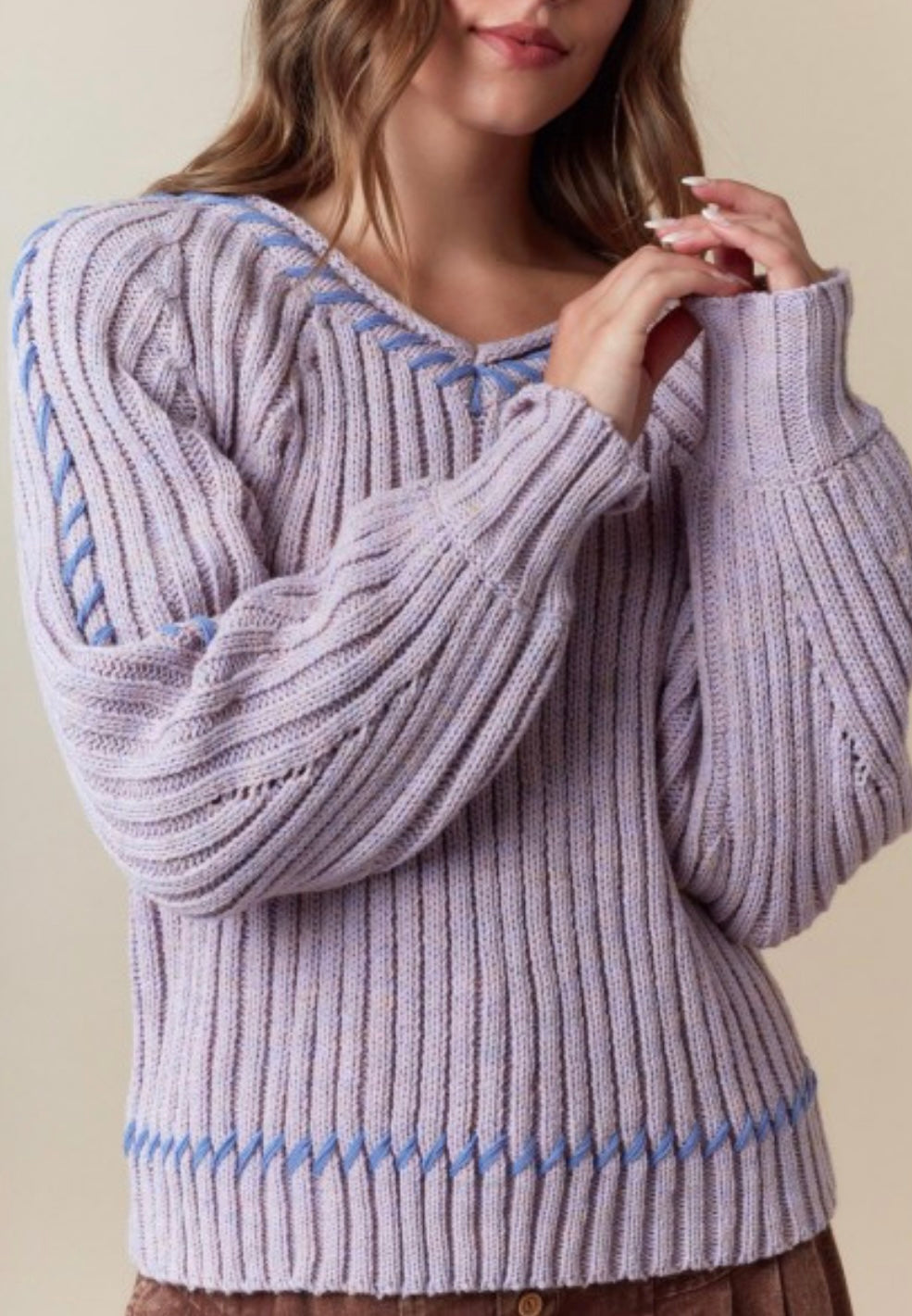 Lavender Sweater With Chunky Blanket Stitch Accent