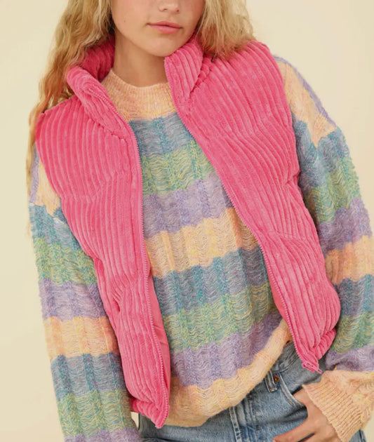 Corduroy Puffer Vest-Pink