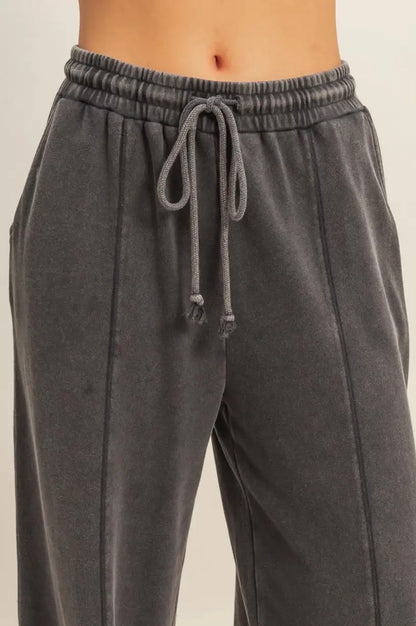 Black Acid Wash French Terry Wide Leg Pants