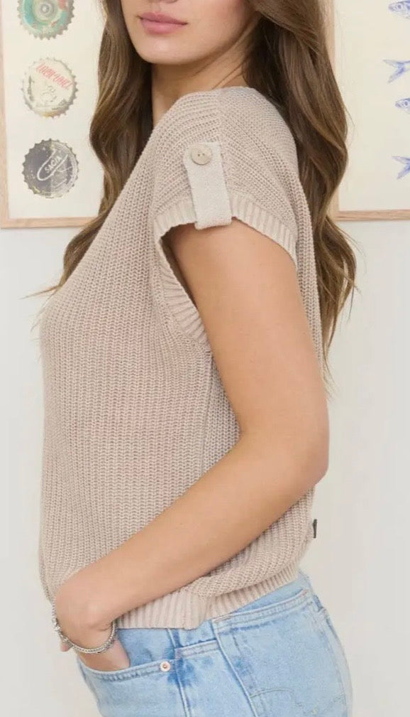Acid Washed Back Button Knit Sweater-Khaki
