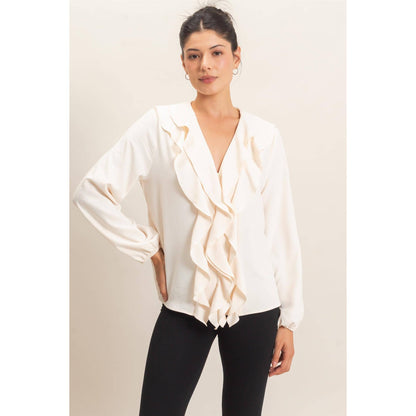 Ruffled V-Neck Button-Up Blouse: ALPACA / S-M-L(2-2-2)