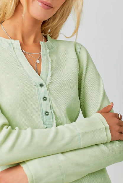 Pistachio Washed Thermal Raw Edge Henley Top