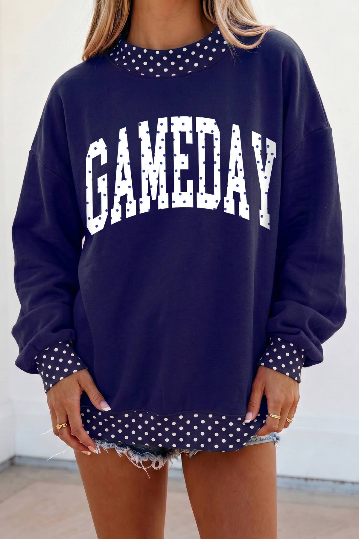 LDC Polka Dot Game Day Graphic Pullover Mock Neck Sweatshirt: Red / S