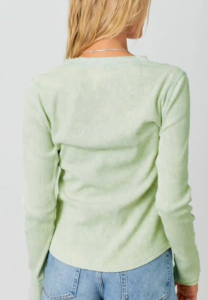 Pistachio Washed Thermal Raw Edge Henley Top