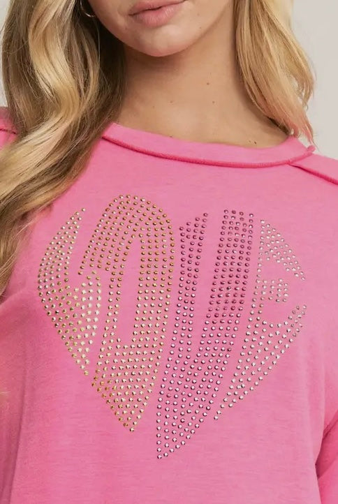 Rhinestone “LOVE” Pullover With Raw Edge Seam-Hot Pink