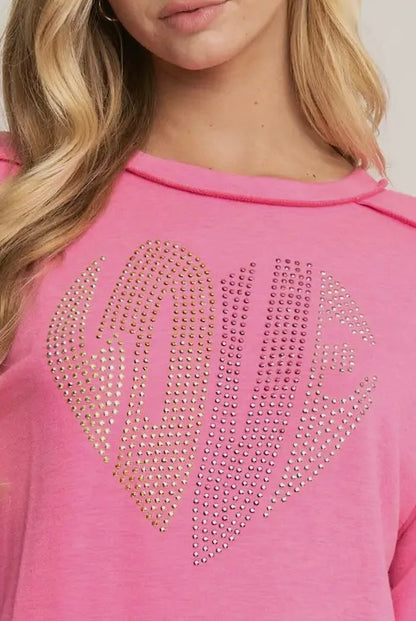 Rhinestone “LOVE” Pullover With Raw Edge Seam-Hot Pink