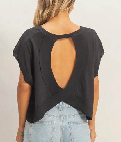 Open Back Boxy Crew Neck Top-Black
