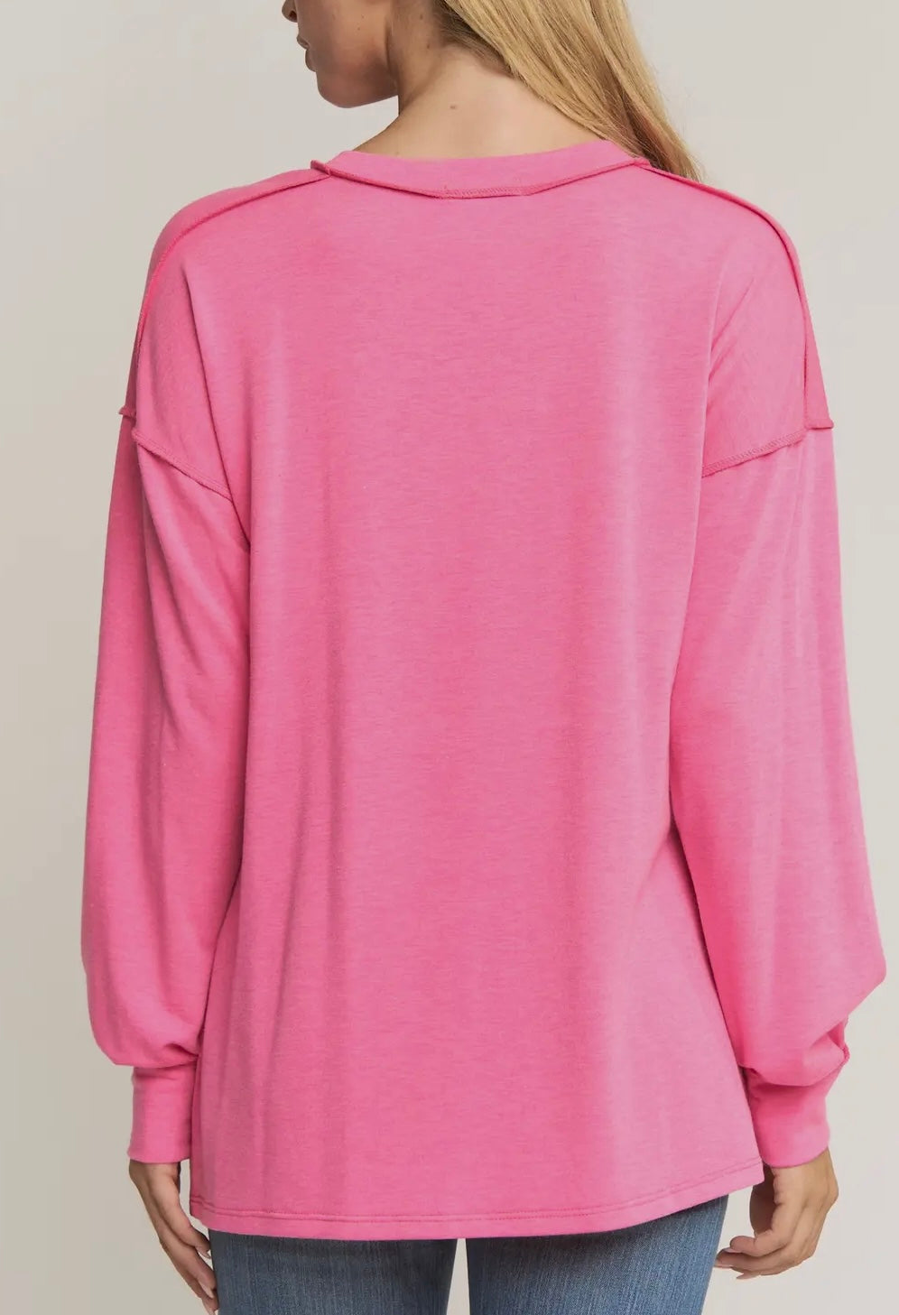 Rhinestone “LOVE” Pullover With Raw Edge Seam-Hot Pink